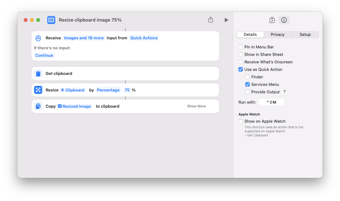 Screenshot of macOS Shortcuts app